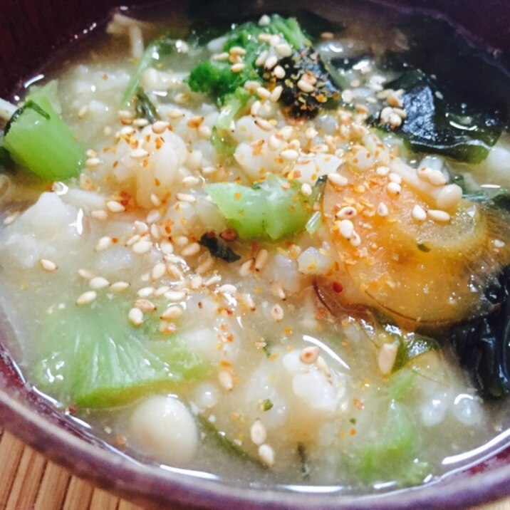 リメイク！ワカメとわさび菜と豆苗の味噌汁雑炊